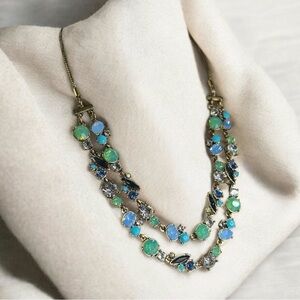 Double layered Shades Of Green And Blue Crystals Gold Tone  Necklace Adjustable
